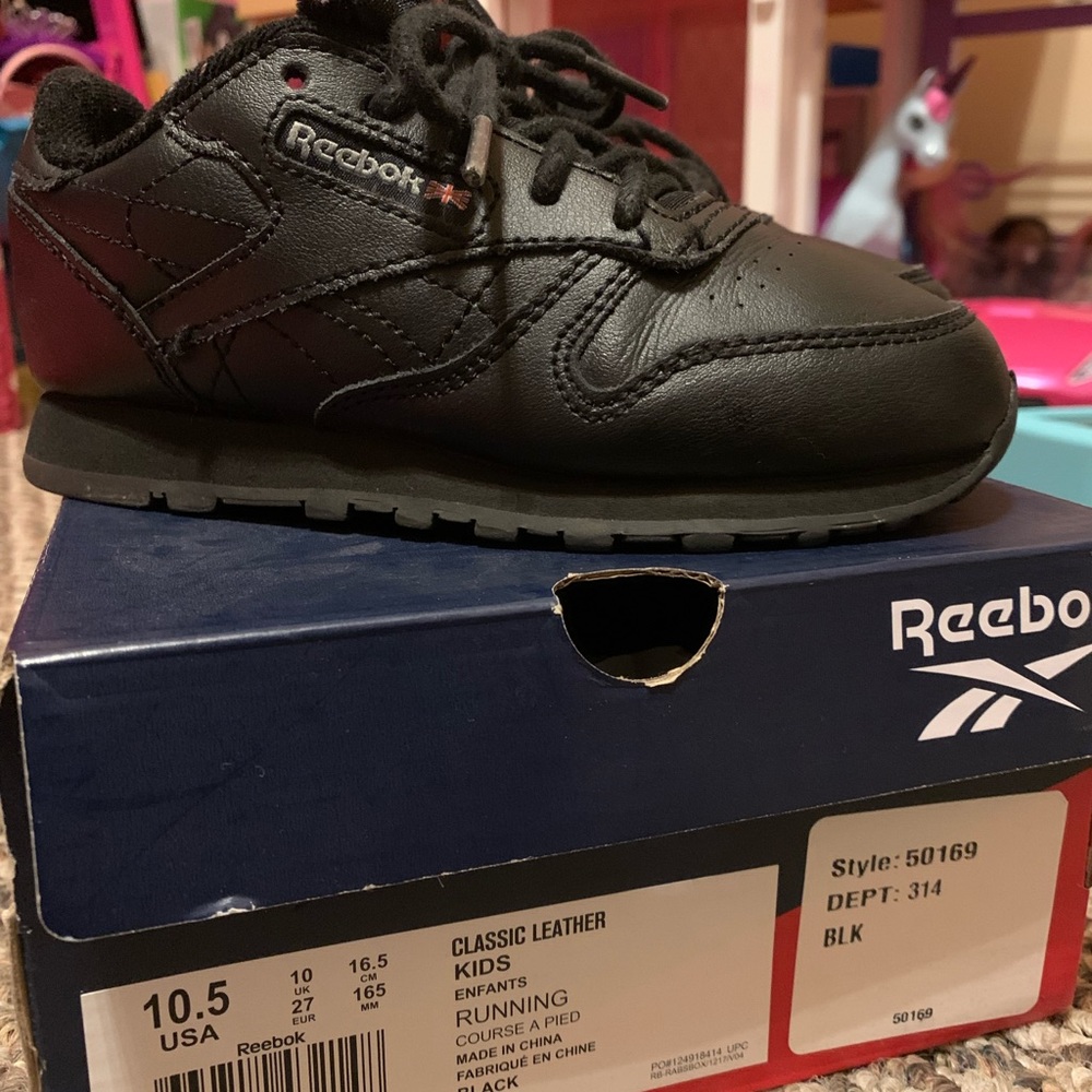 Black Reeboks “Classics”.  Kids Unisex.
